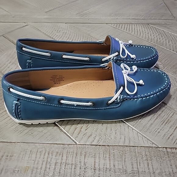 L.L. Bean Boat Shoes Womens Sz 5 Turquoise Teal Green Leather Slip On Moccasins - Picture 5 of 8